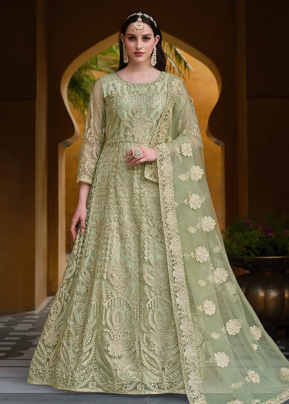 Pista Green Pure Butterfly Net Wedding Wear Anarkali Suit