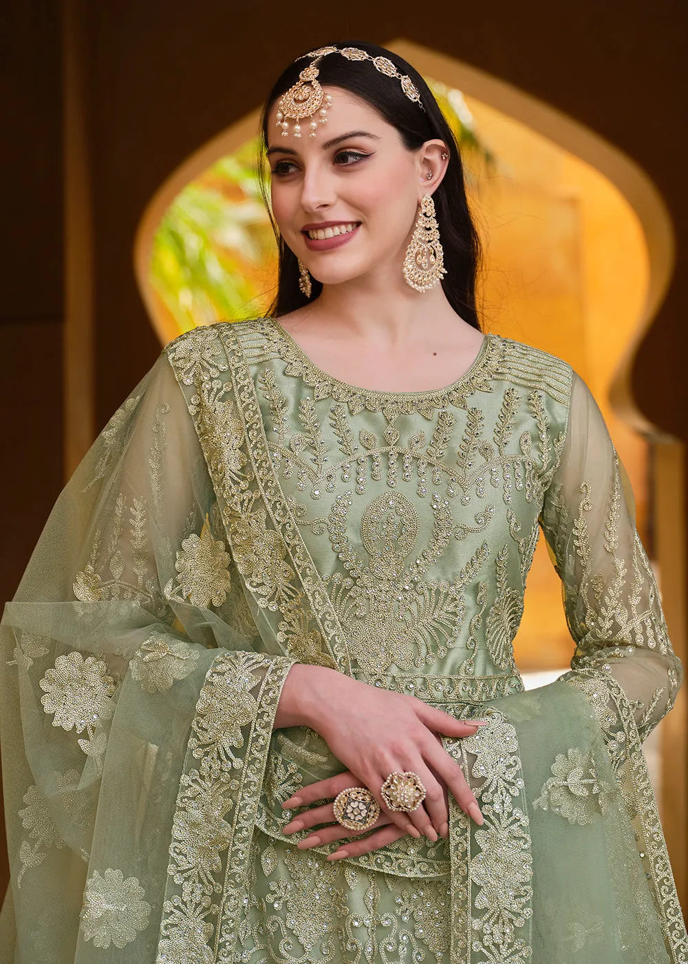 Pista Green Pure Butterfly Net Wedding Wear Anarkali Suit