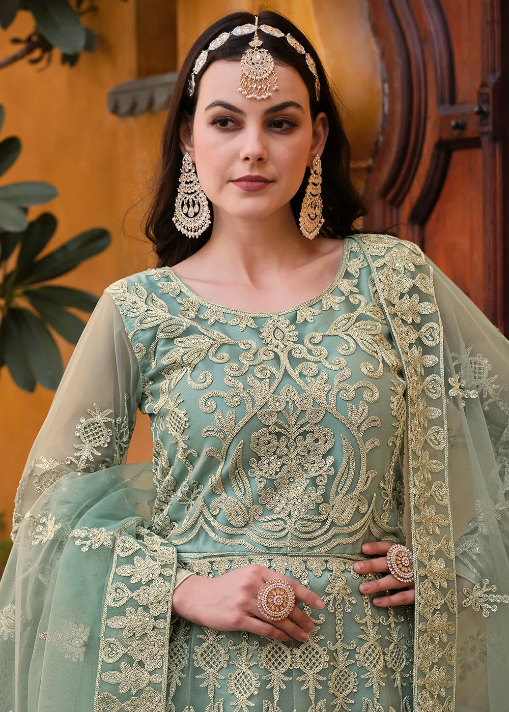 Pista Green Pure Butterfly Net Wedding Wear Anarkali Suit