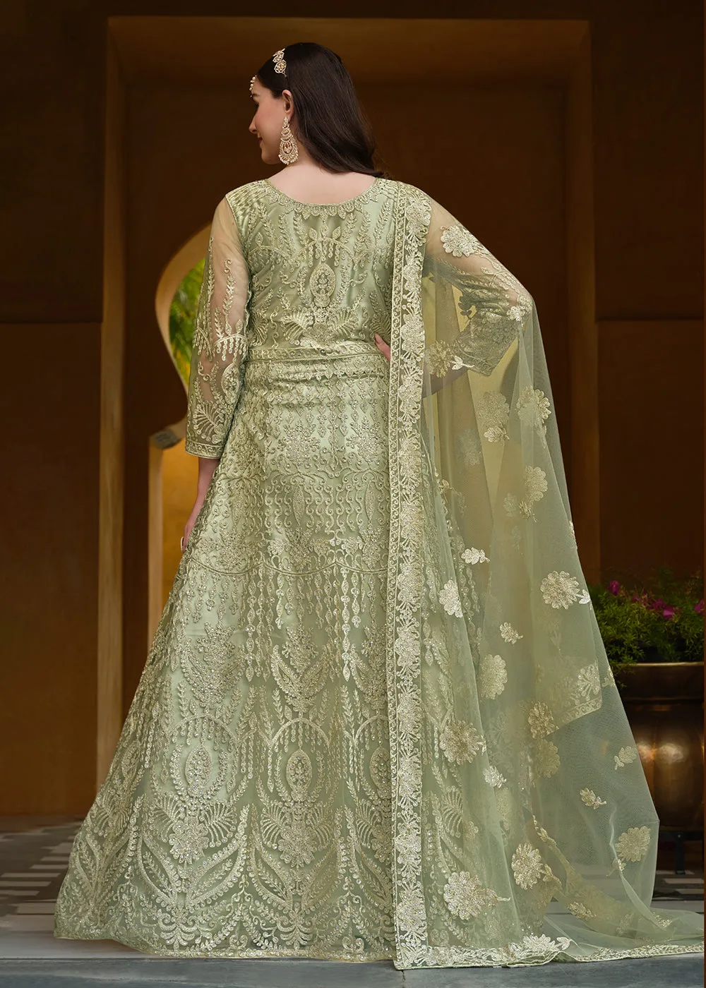 Pista Green Pure Butterfly Net Wedding Wear Anarkali Suit