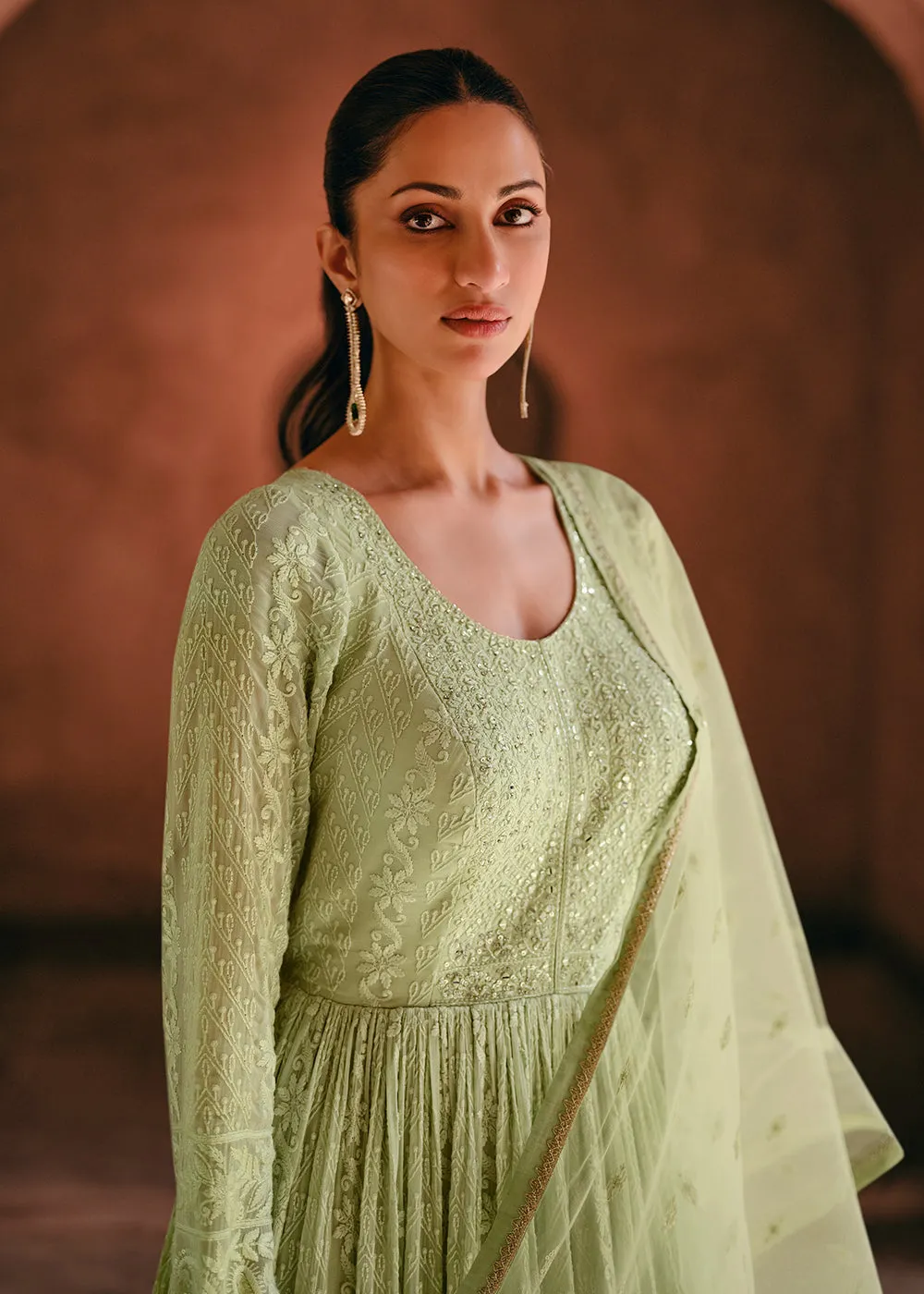 Pista Green Real Georgette Embroidered Anarkali Gown