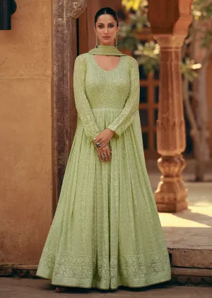 Pista Green Real Georgette Embroidered Anarkali Gown