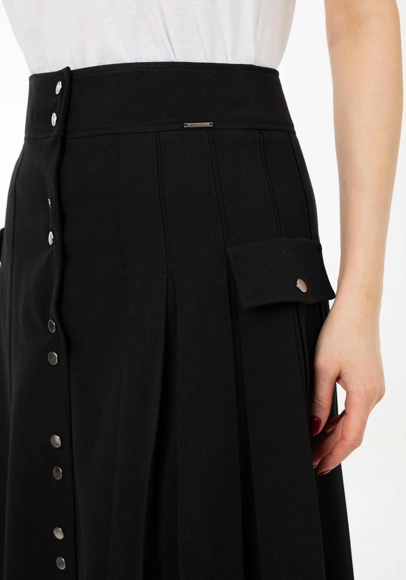 Pleated Button-Front Black Midi Skirt