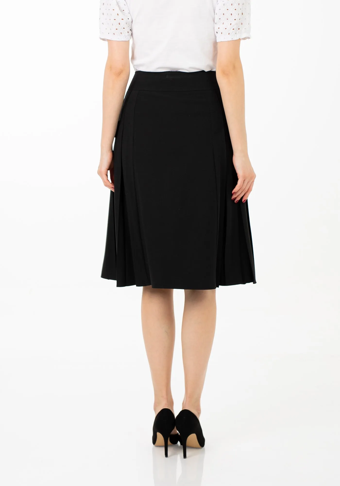 Pleated Button-Front Black Midi Skirt