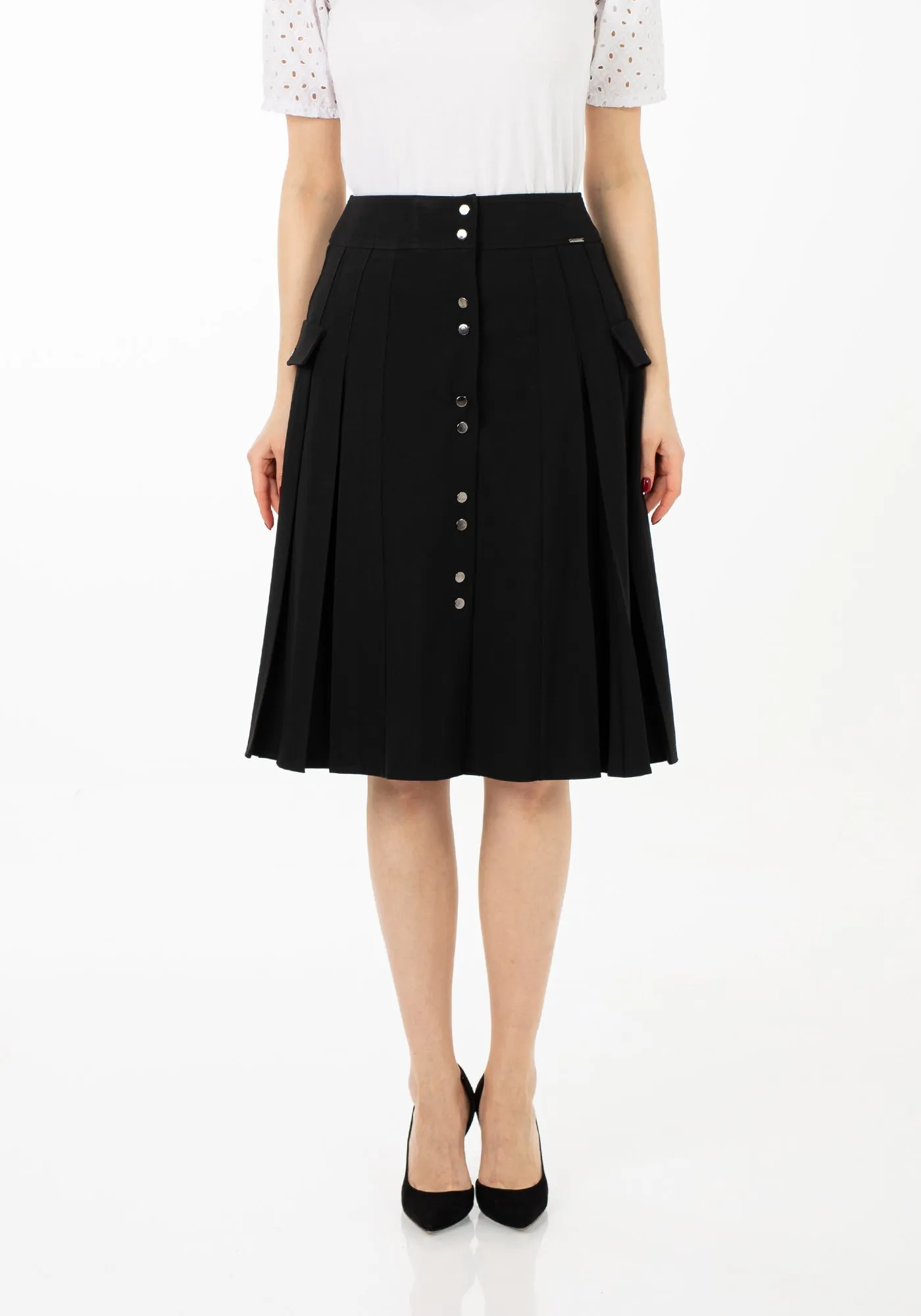 Pleated Button-Front Black Midi Skirt