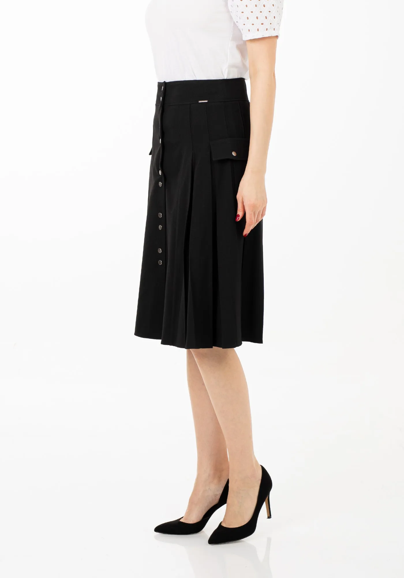 Pleated Button-Front Black Midi Skirt