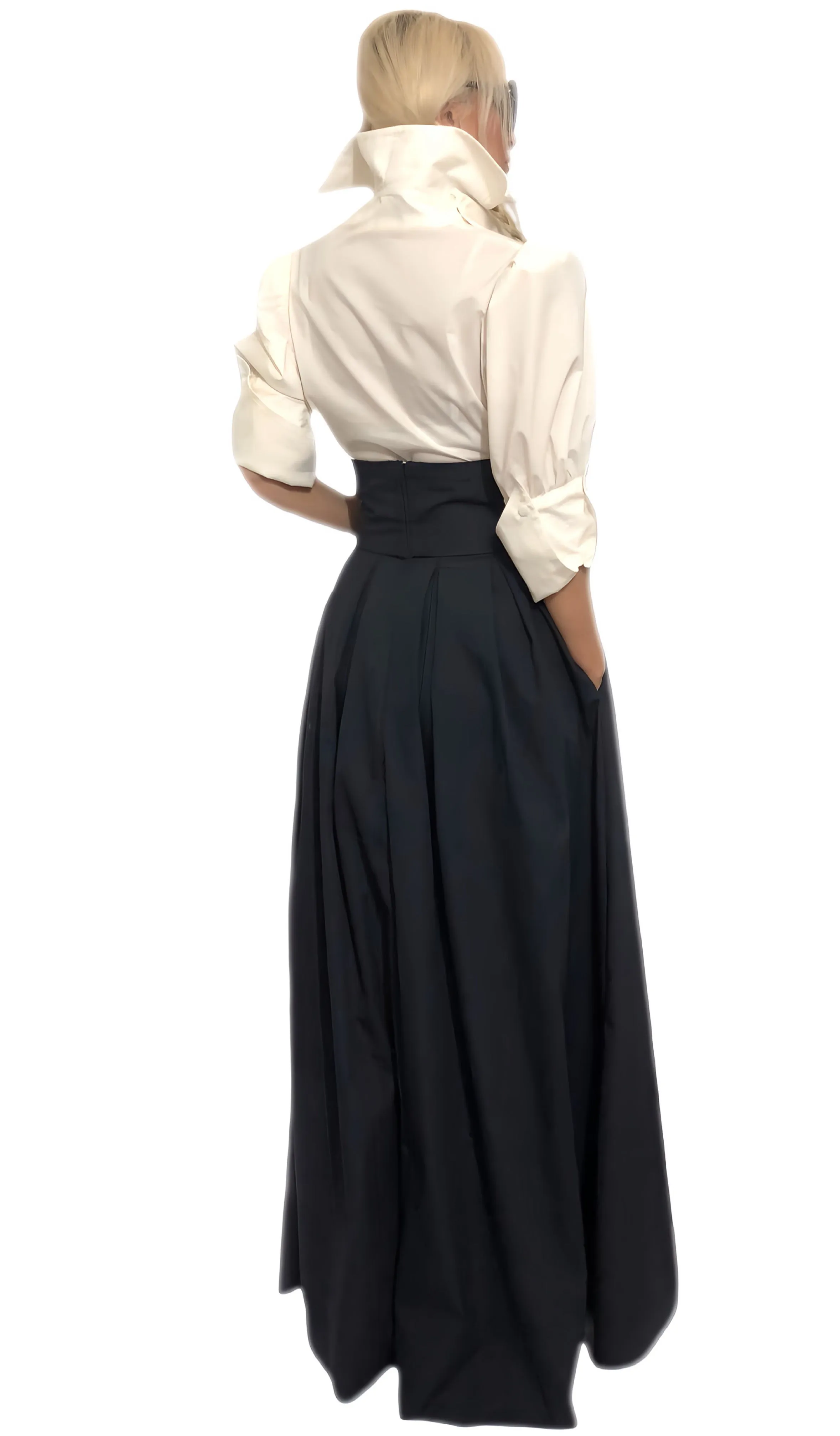 Pleated Cotton High-Rise Maxi Skirt With Functional Pockets