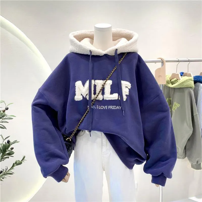 Purpdrank - Hoodies Women's Sweatshirts Letter Print Lamb Wool Pullovers Loose Korean Style Jacket Full Sleeve Casual Tops