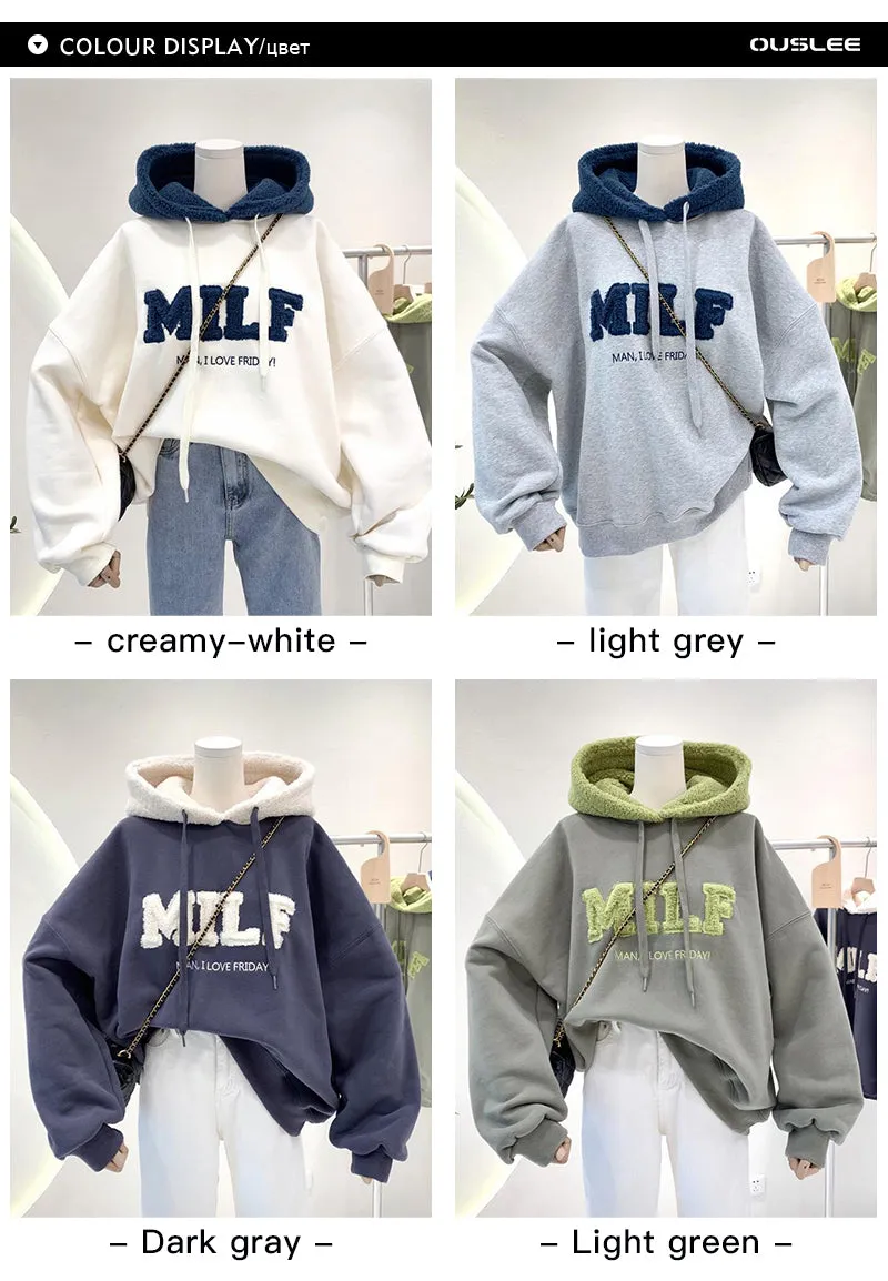 Purpdrank - Hoodies Women's Sweatshirts Letter Print Lamb Wool Pullovers Loose Korean Style Jacket Full Sleeve Casual Tops