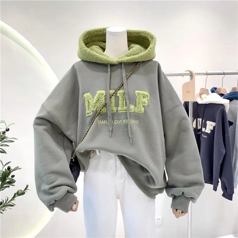 Purpdrank - Hoodies Women's Sweatshirts Letter Print Lamb Wool Pullovers Loose Korean Style Jacket Full Sleeve Casual Tops