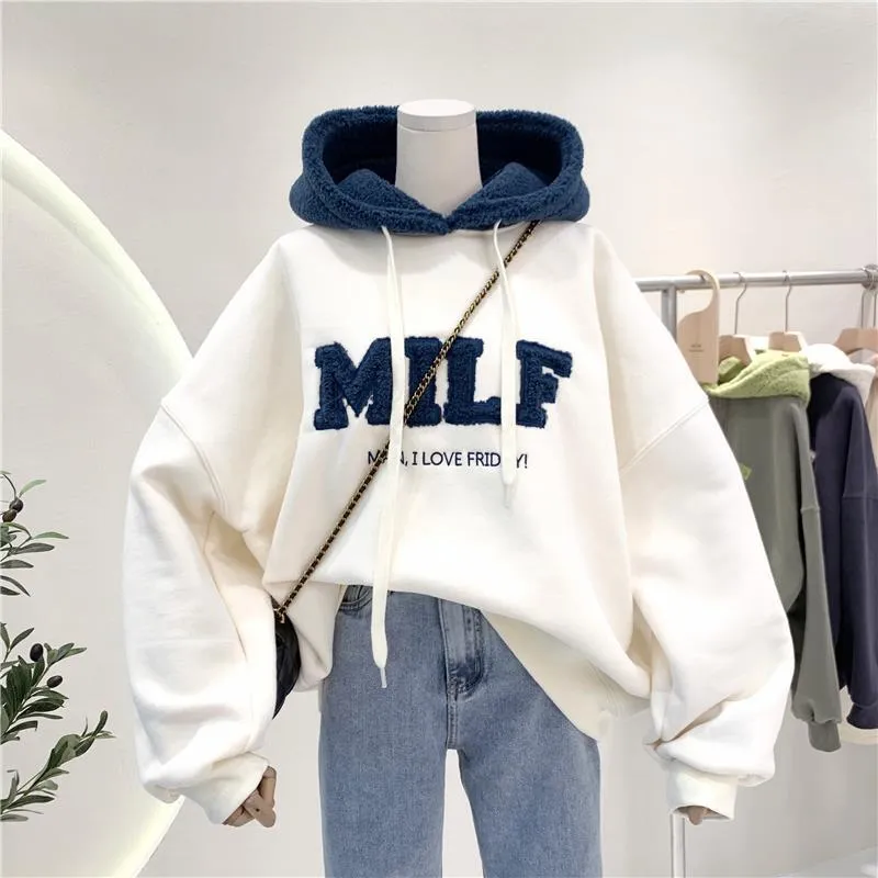 Purpdrank - Hoodies Women's Sweatshirts Letter Print Lamb Wool Pullovers Loose Korean Style Jacket Full Sleeve Casual Tops