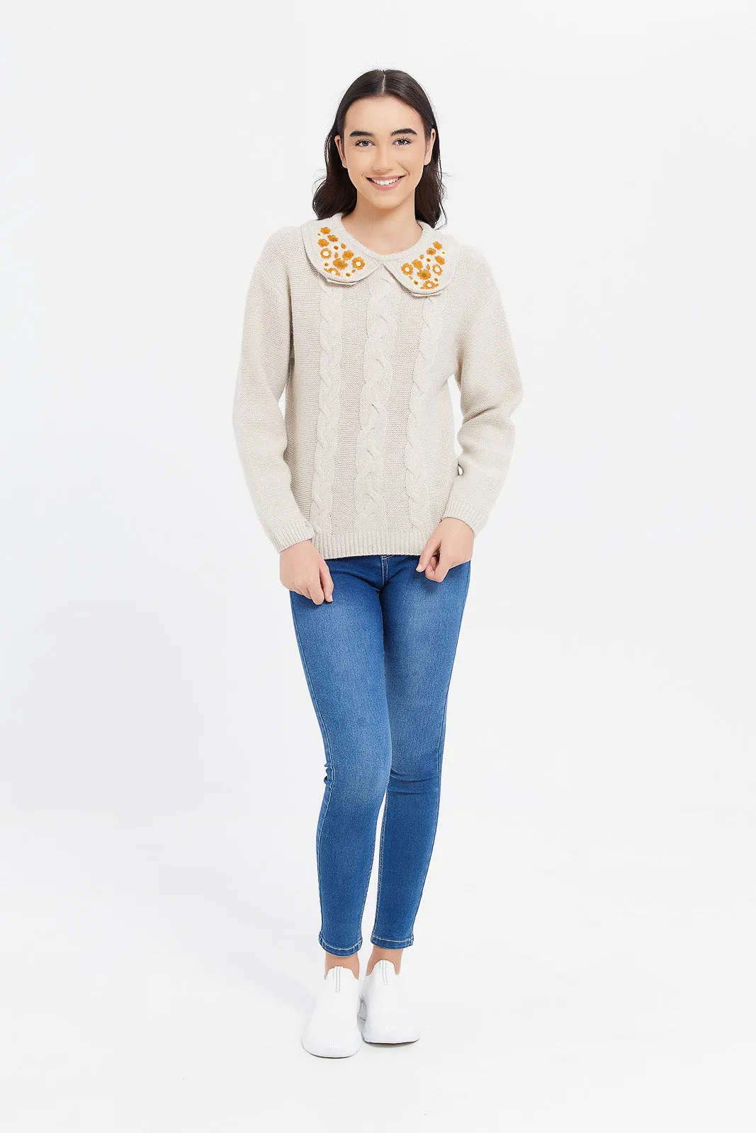 Senior Girls Beige Peter Pan Collar Embroidered Pullover