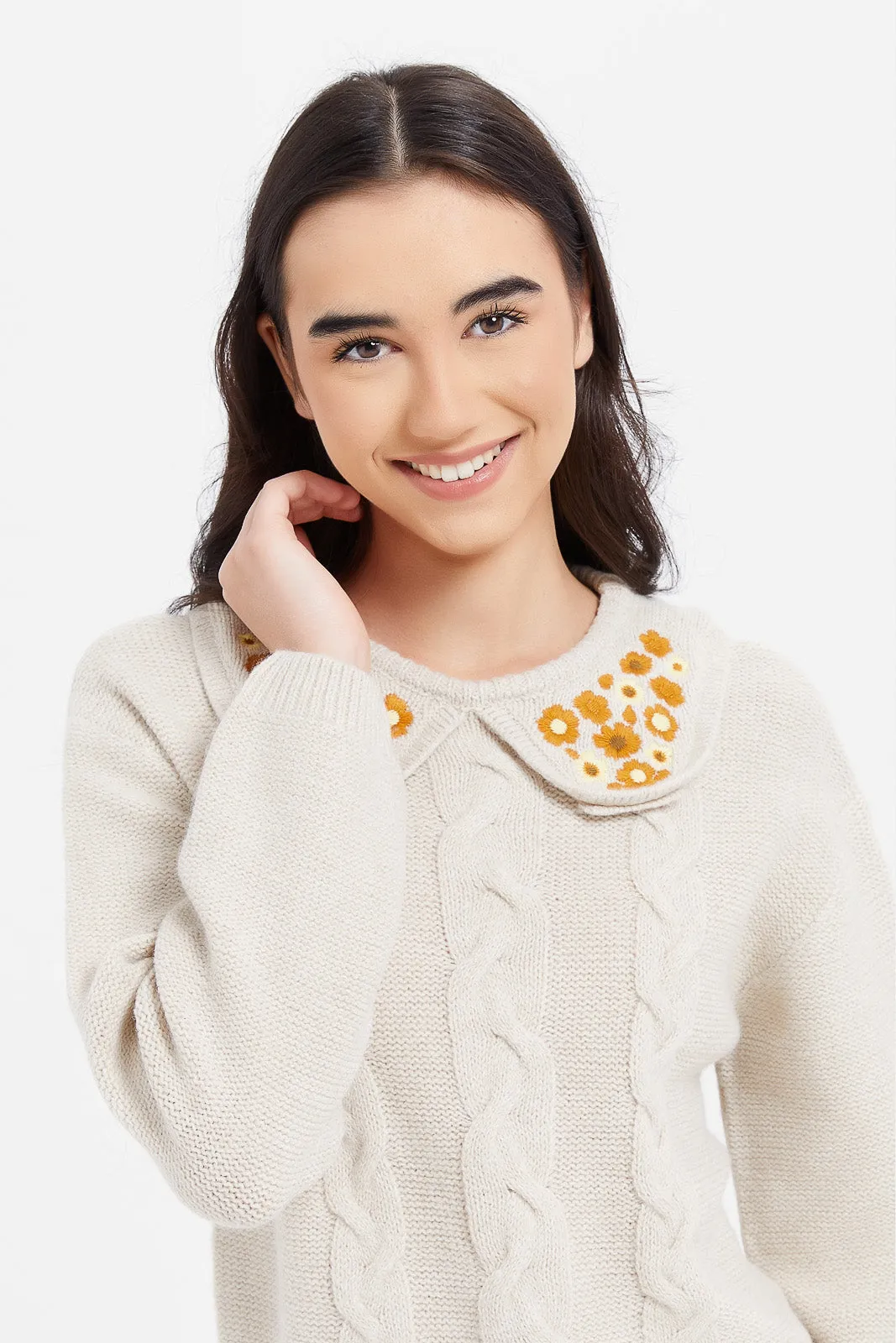 Senior Girls Beige Peter Pan Collar Embroidered Pullover