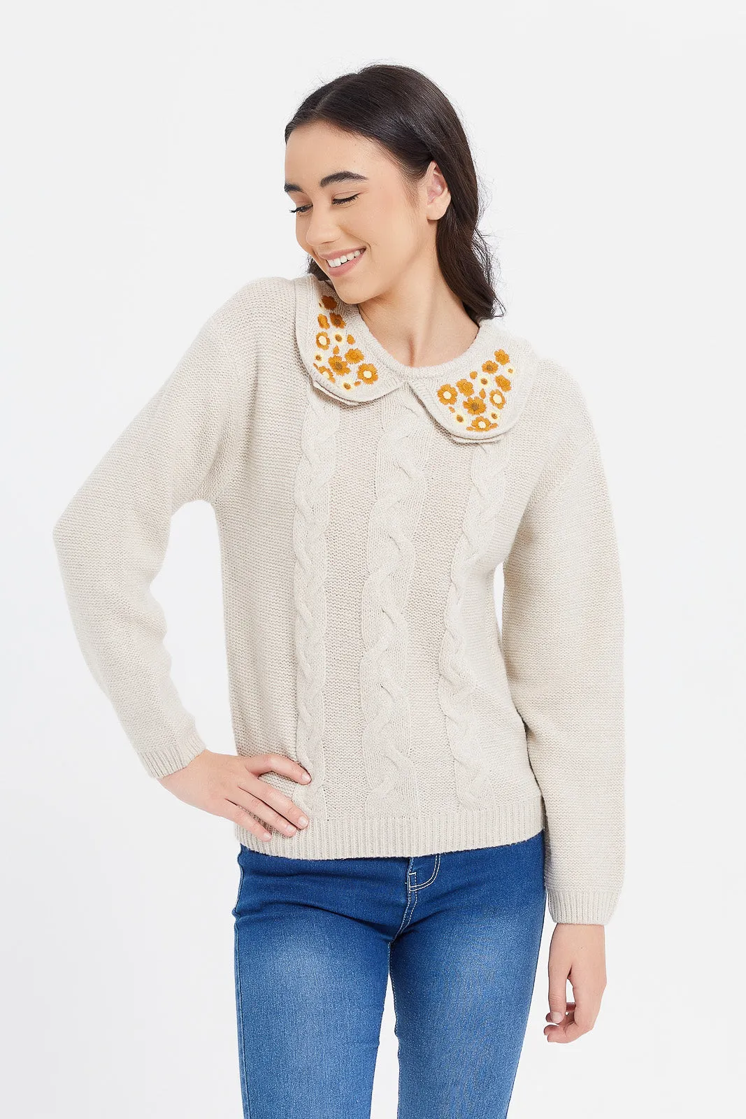 Senior Girls Beige Peter Pan Collar Embroidered Pullover