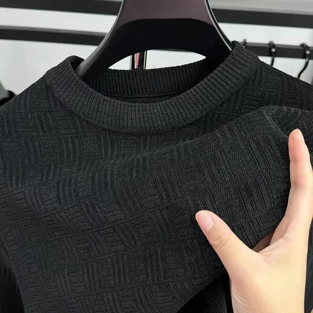 Solid Geometric Pleated O-Neck Sweater