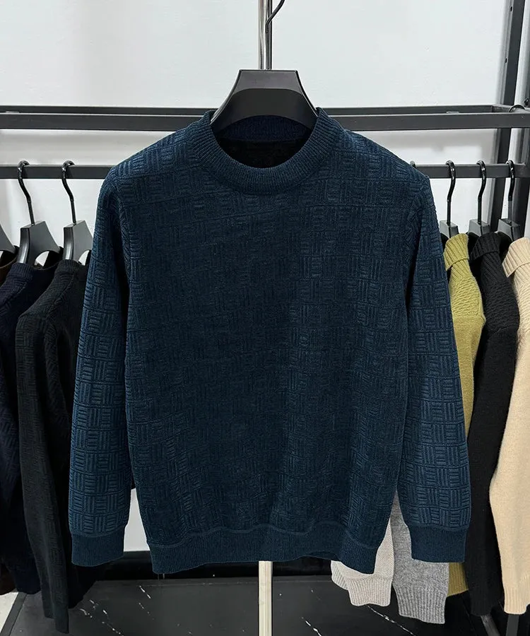 Solid Geometric Pleated O-Neck Sweater