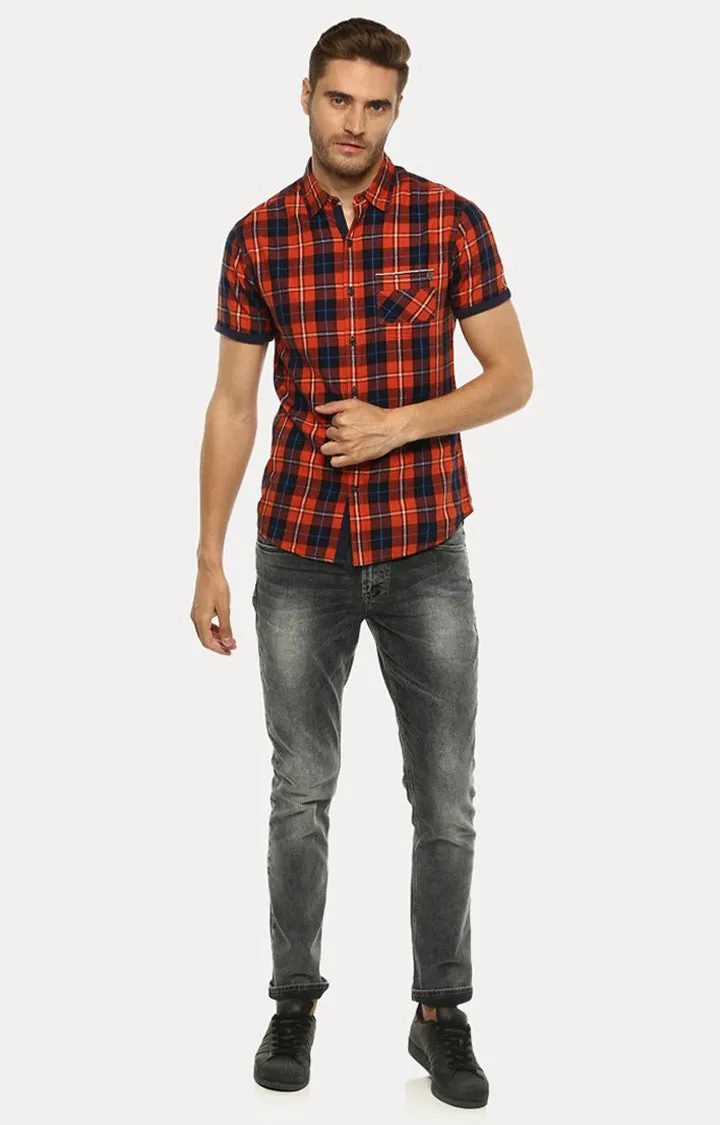 Spykar Men'S Orange Cotton Checked Casual Shirts