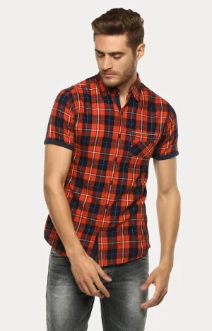 Spykar Men'S Orange Cotton Checked Casual Shirts