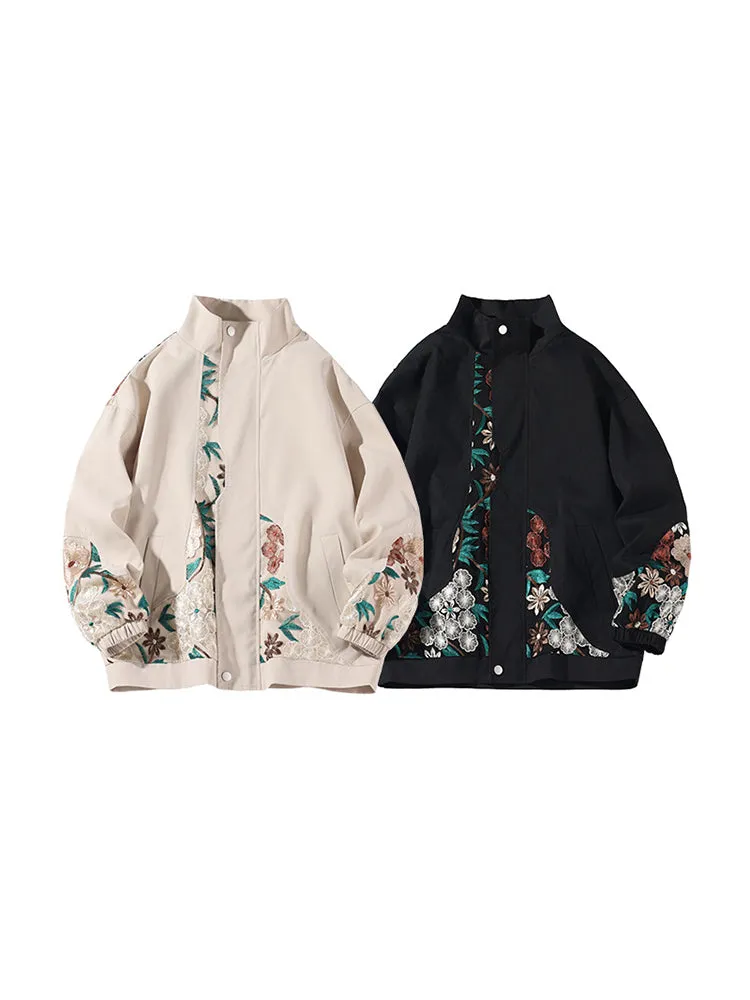 Stand Collar Embroidered Flower Bud Jacket