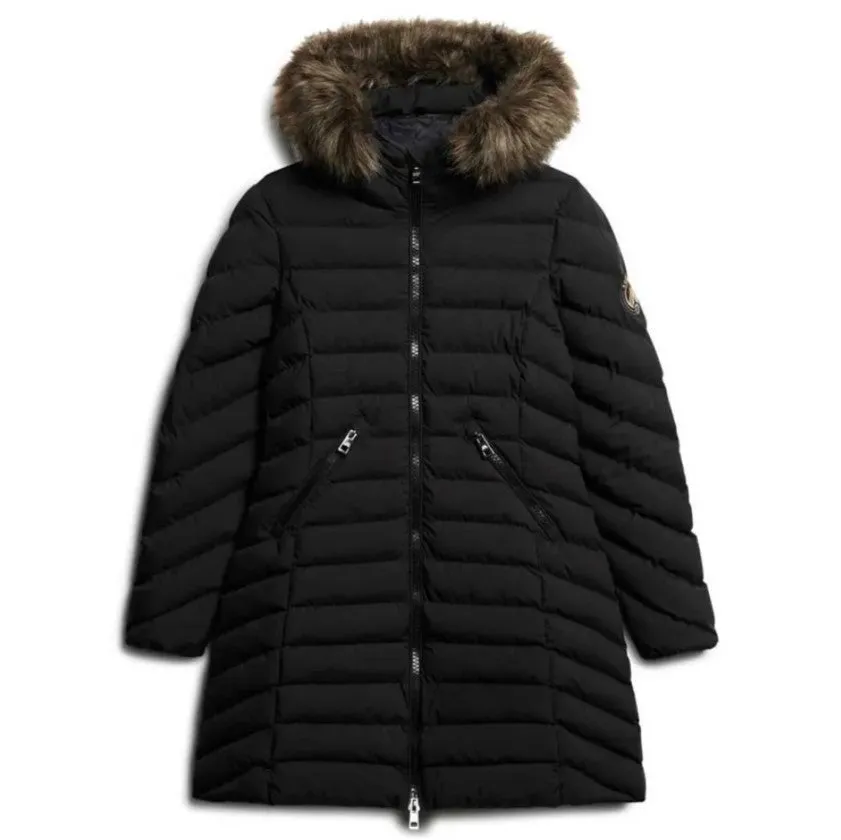 Superdry Womens Fuji Faux Fur Hood Mid Length Coat Black