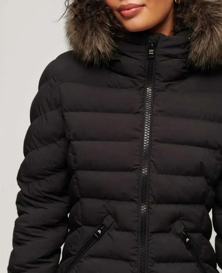 Superdry Womens Fuji Faux Fur Hood Mid Length Coat Black