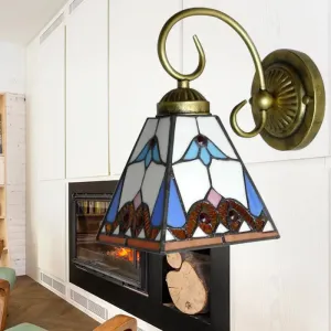 Tiffany Blue Stained Glass Wall Sconce with Scrolling Arm - 1 Head Pyramid Light Fixture