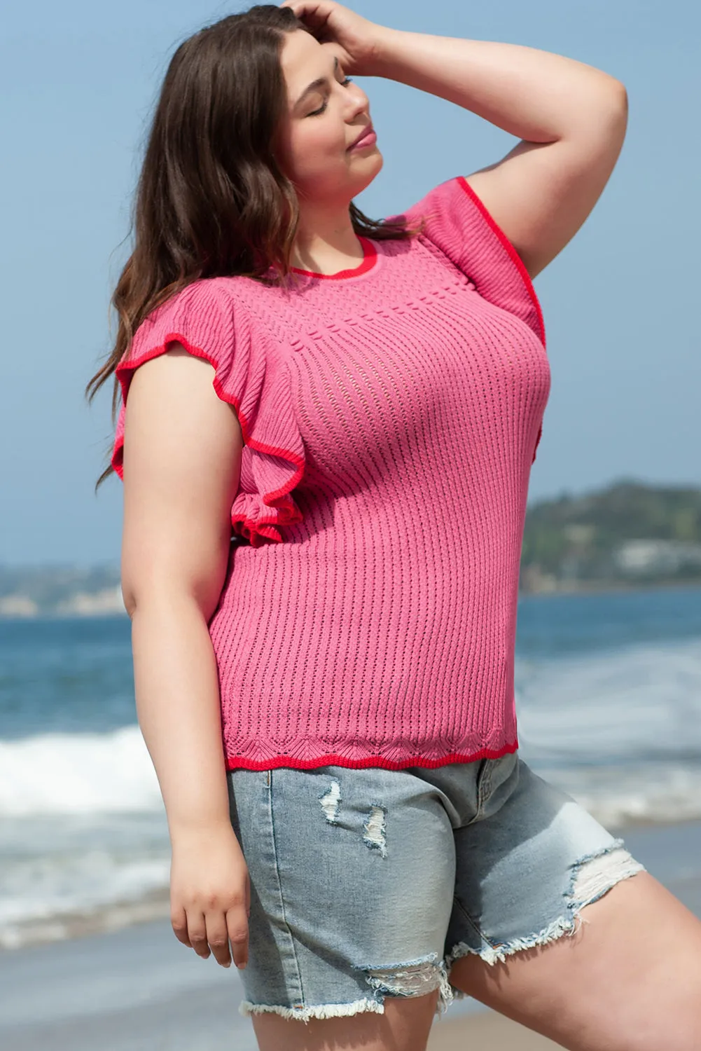 Trim Plus Size Short Sleeve Sweater