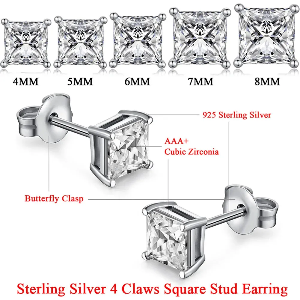 TTVOVO 925 Sterling Princess Cut Cubic Zirconia Stud Earrings for Women Men Piercing CZ 4 Claws Ear Brinco S925-Sterling-Jewelry