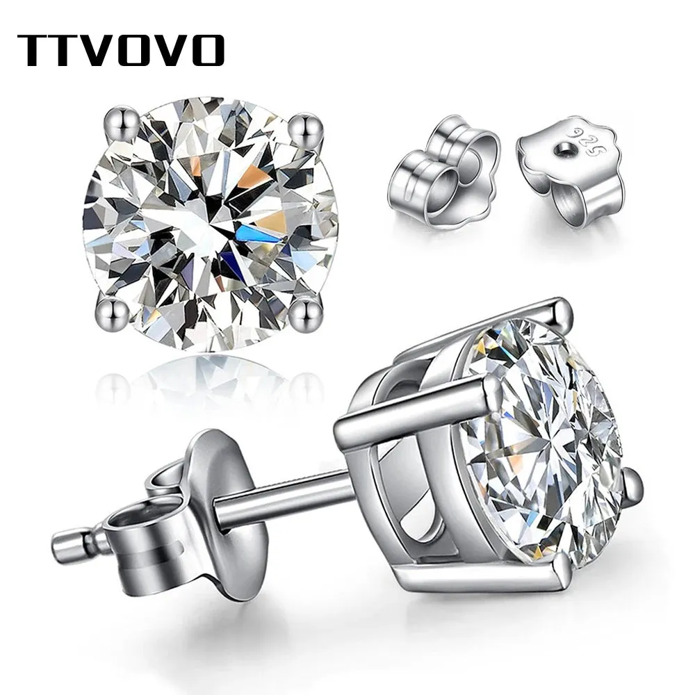 TTVOVO 925 Sterling Princess Cut Cubic Zirconia Stud Earrings for Women Men Piercing CZ 4 Claws Ear Brinco S925-Sterling-Jewelry