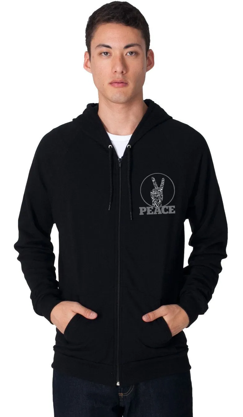 Unisex Zip-Front Peace V Sign Hoodie  - Black