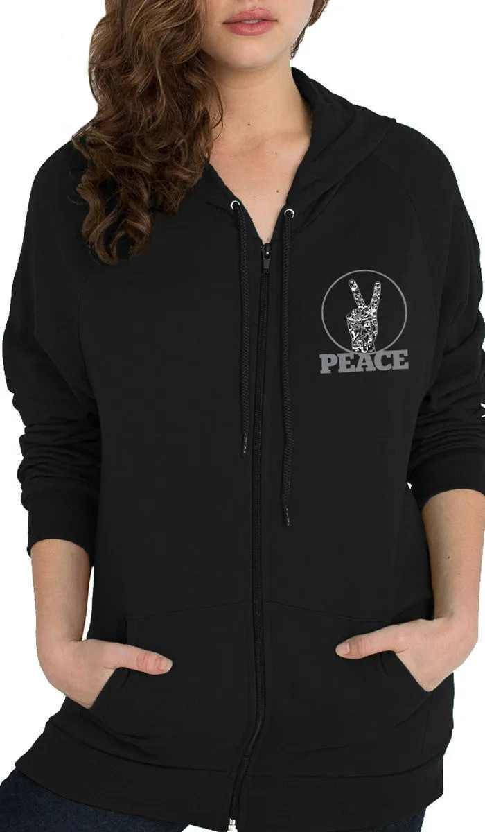 Unisex Zip-Front Peace V Sign Hoodie  - Black