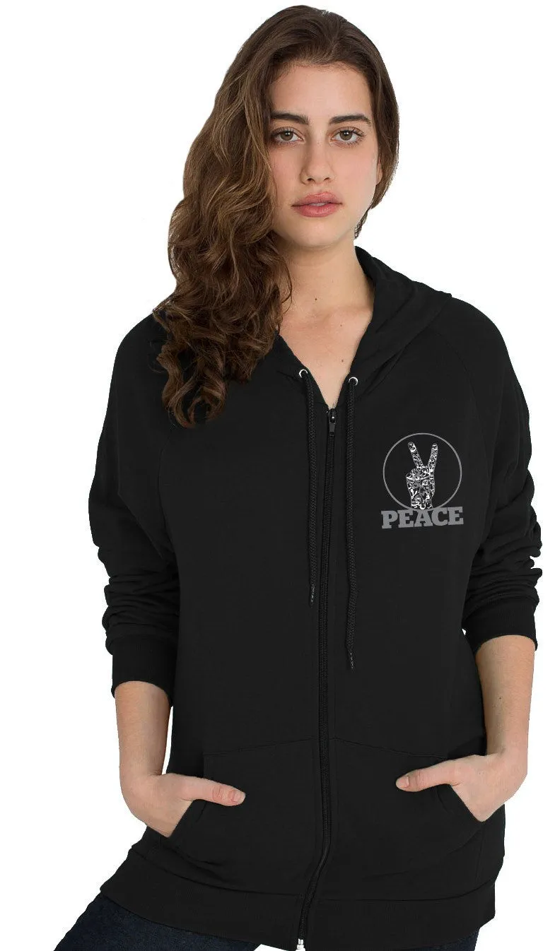 Unisex Zip-Front Peace V Sign Hoodie  - Black