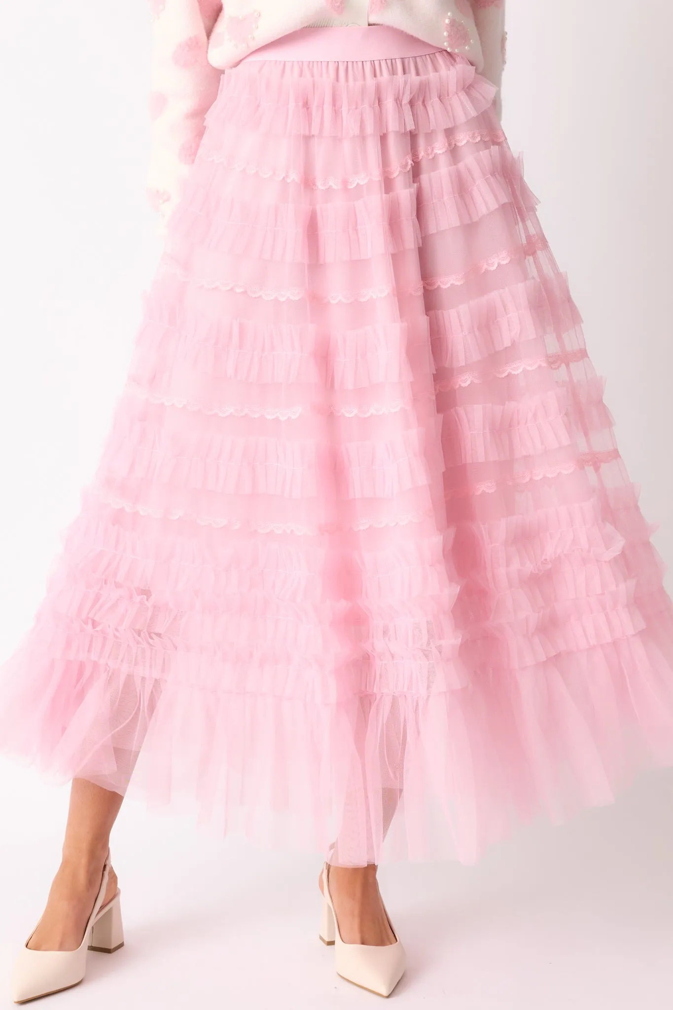 Walk In The Garden Light Pink Ruffle Tulle Midi Skirt