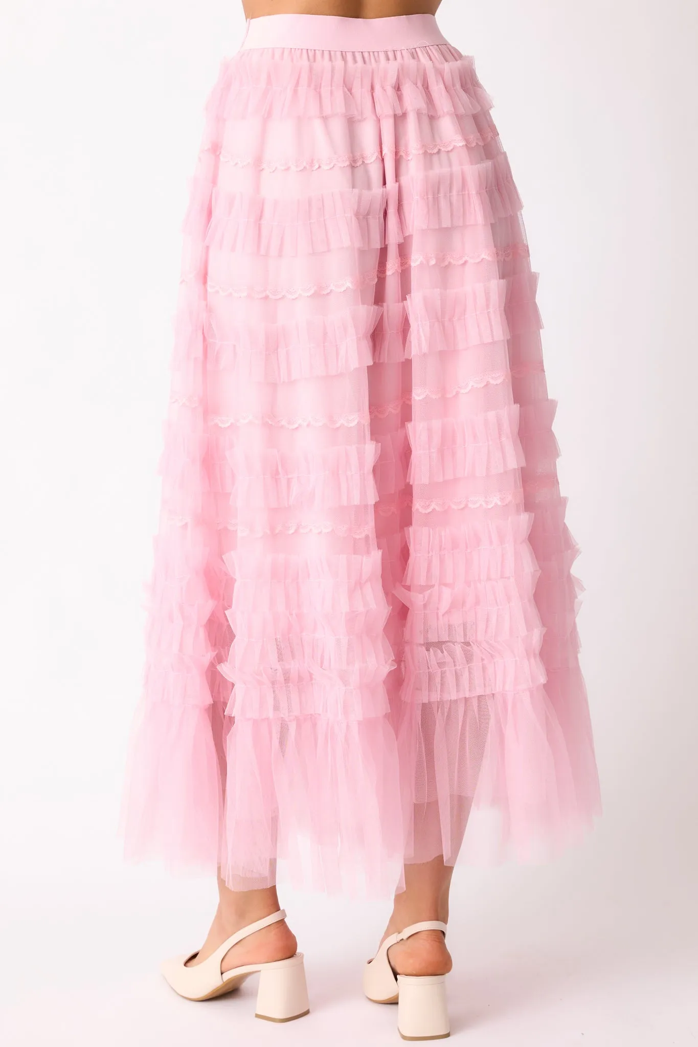 Walk In The Garden Light Pink Ruffle Tulle Midi Skirt