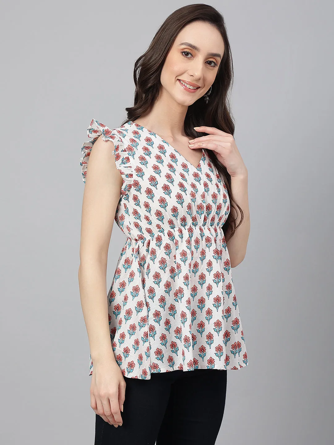 White Cotton Floral Print Flared Top  - By Janasya