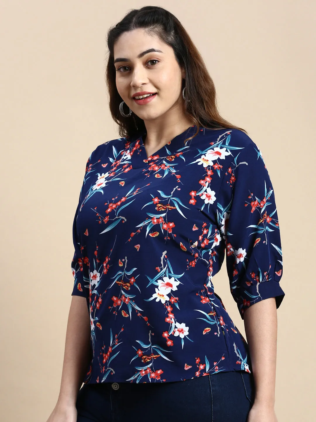 Women Floral Navy Blue Top