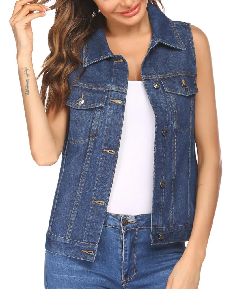 Zeagoo Women's Denim Vest Jean Vest Casual Sleeveless Jacket With Flap Pockets