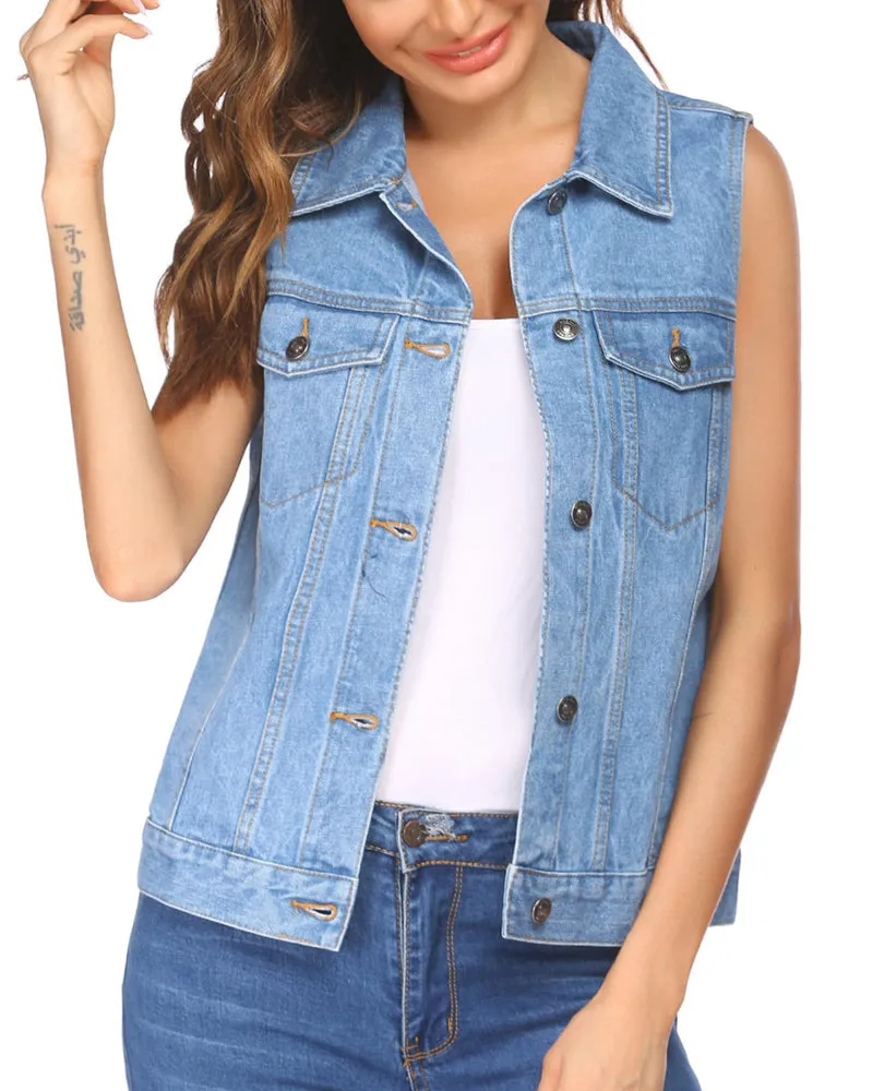 Zeagoo Women's Denim Vest Jean Vest Casual Sleeveless Jacket With Flap Pockets