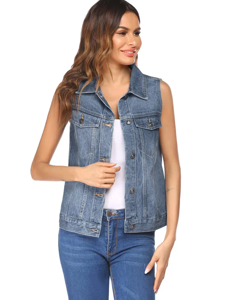 Zeagoo Women's Denim Vest Jean Vest Casual Sleeveless Jacket With Flap Pockets