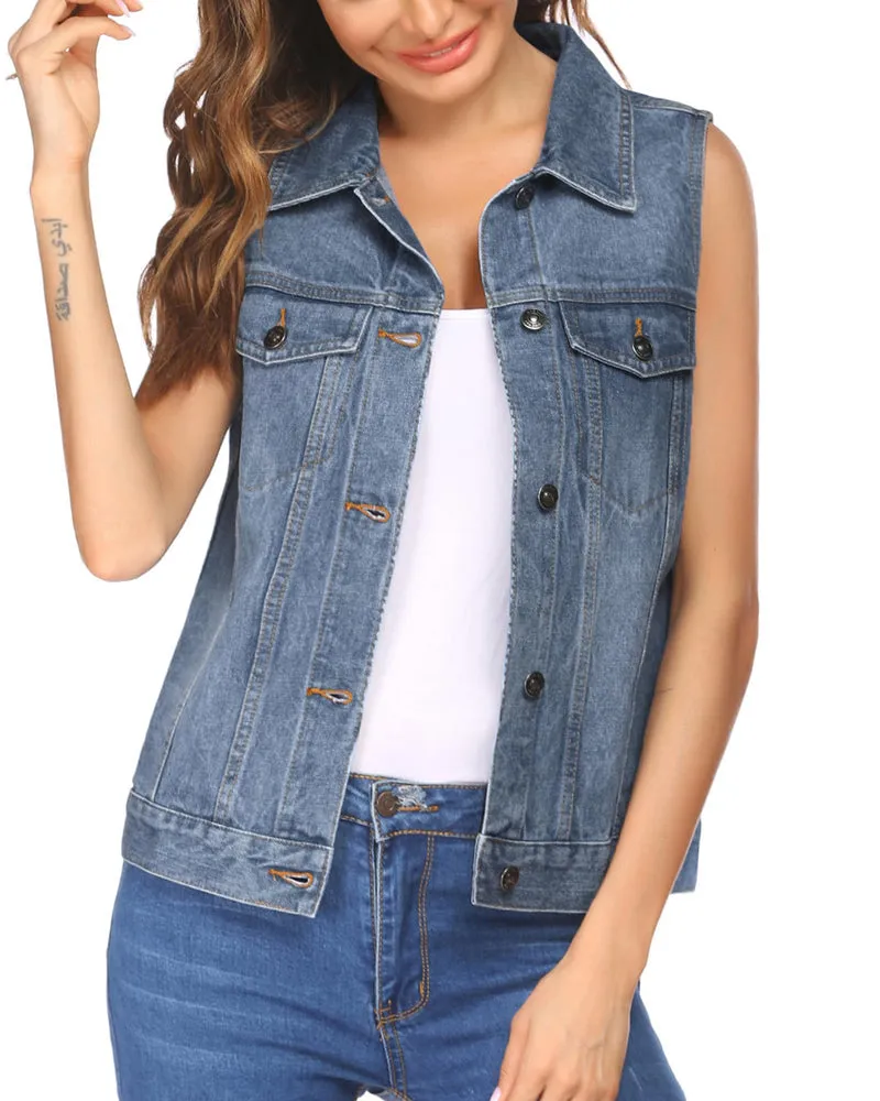 Zeagoo Women's Denim Vest Jean Vest Casual Sleeveless Jacket With Flap Pockets