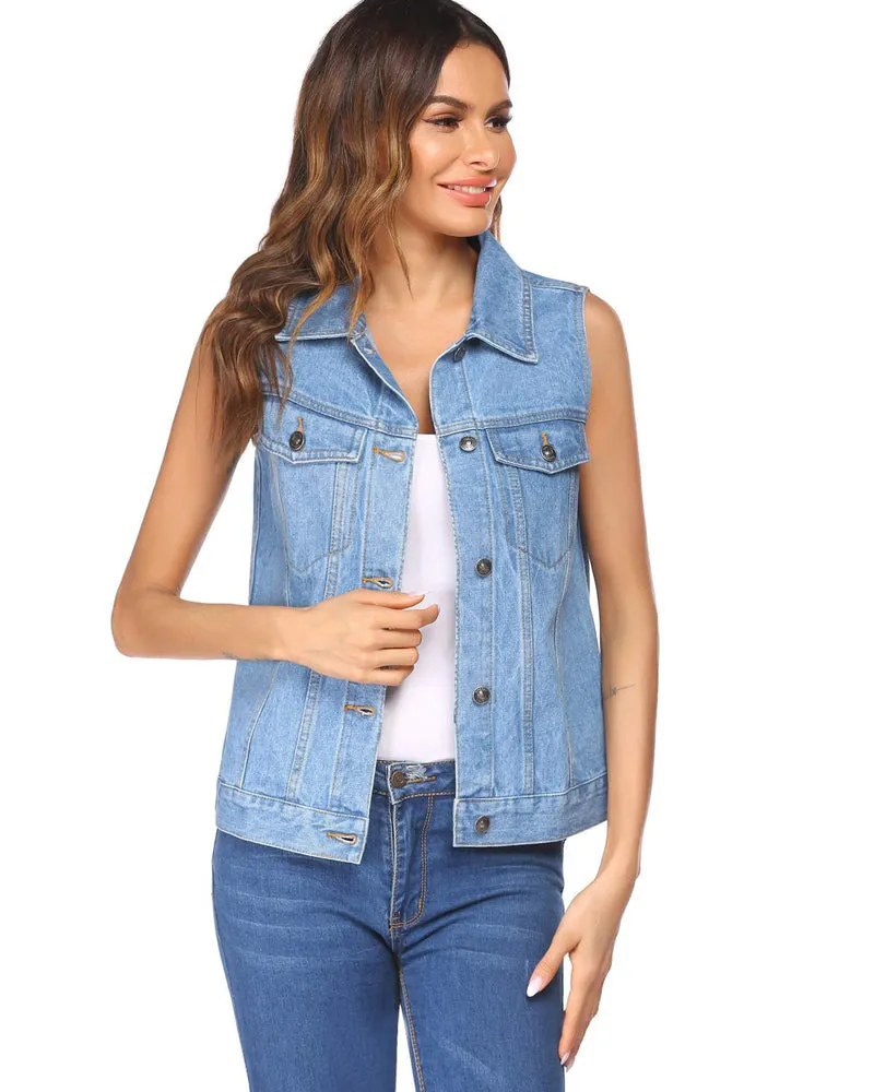 Zeagoo Women's Denim Vest Jean Vest Casual Sleeveless Jacket With Flap Pockets